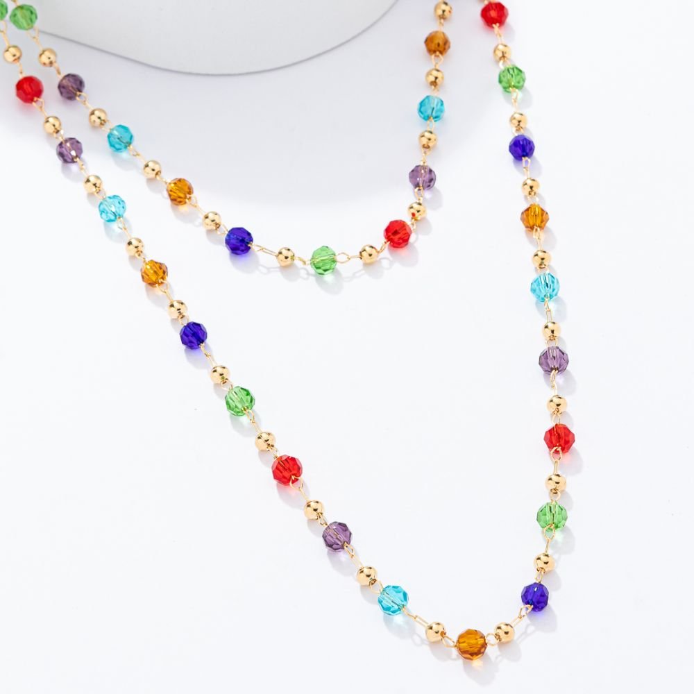 Colar Origens Boho Cristais Coloridos 90 Cm Banho Ouro 18k