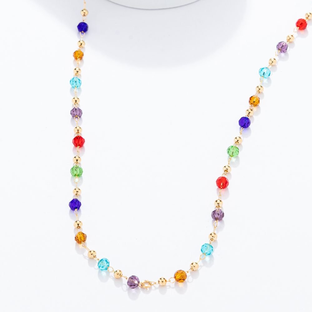 Colar Origens Boho Cristais Coloridos 90 Cm Banho Ouro 18k