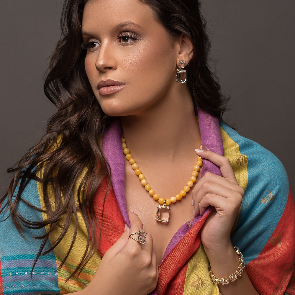 Brinco Mona Lisa Retangular Cristal Banho Ouro 18k