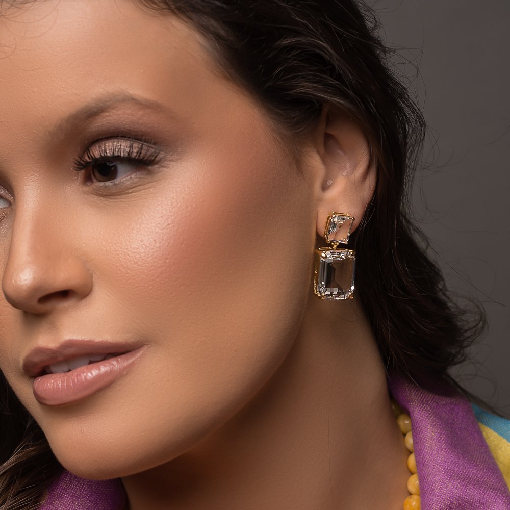 Brinco Mona Lisa Retangular Cristal Banho Ouro 18k