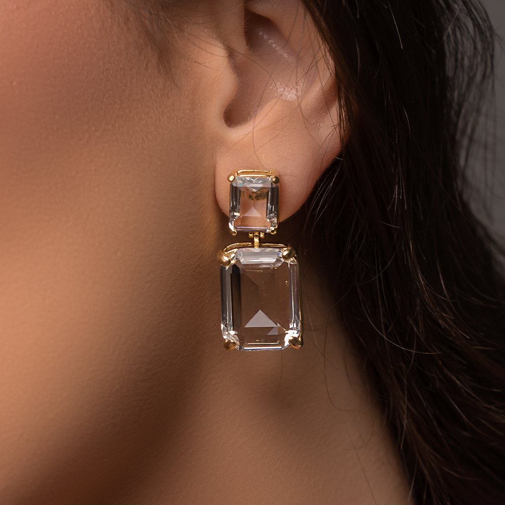 Brinco Mona Lisa Retangular Cristal Banho Ouro 18k