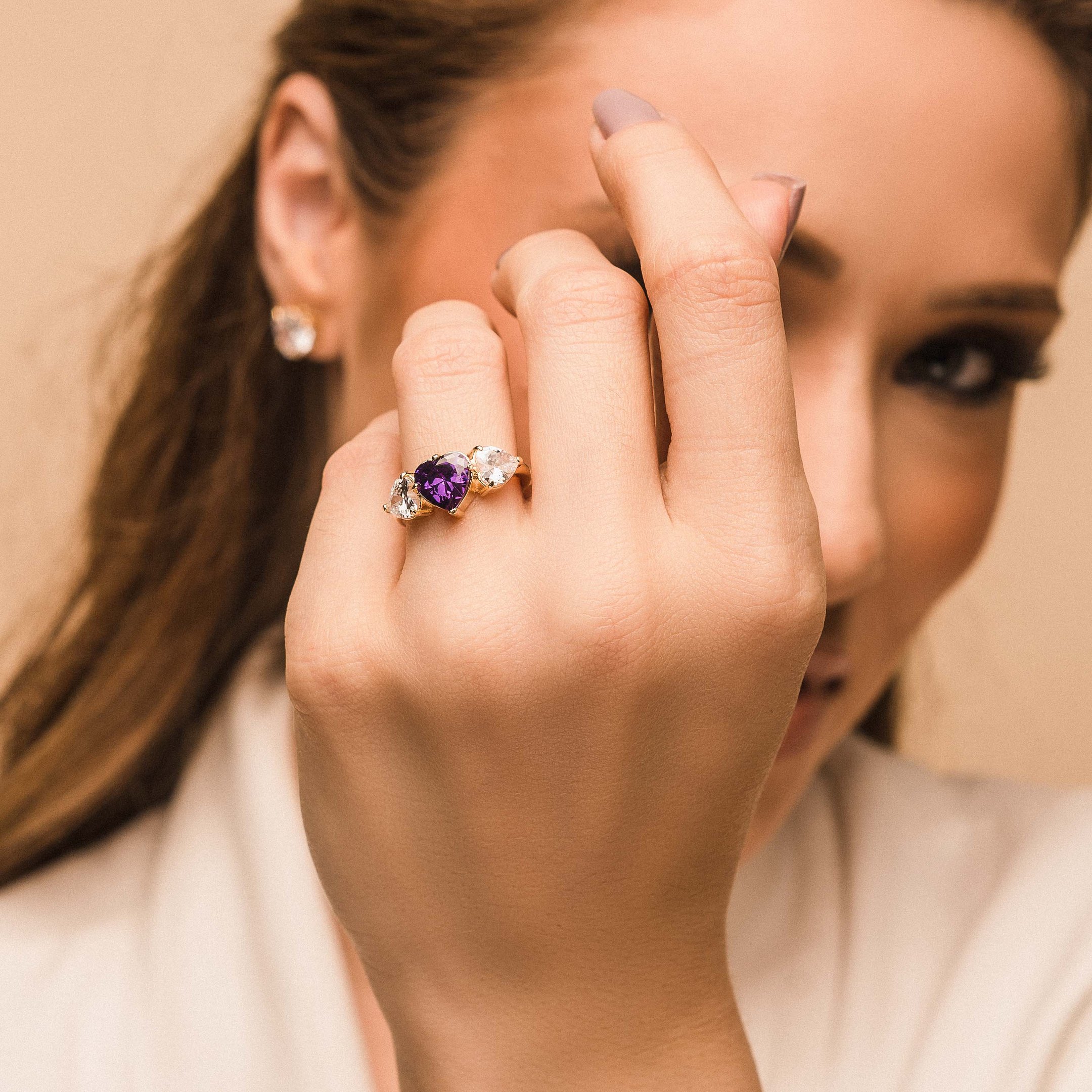 Anel Memories Nara Coracao Ametista E Zirconia Banho Ouro 18k