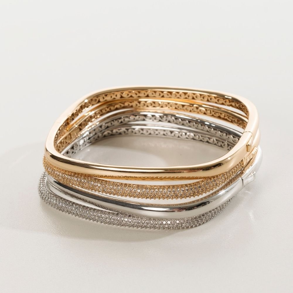 Bracelete Dual Retangular Cravejado Banho Rodio Branco