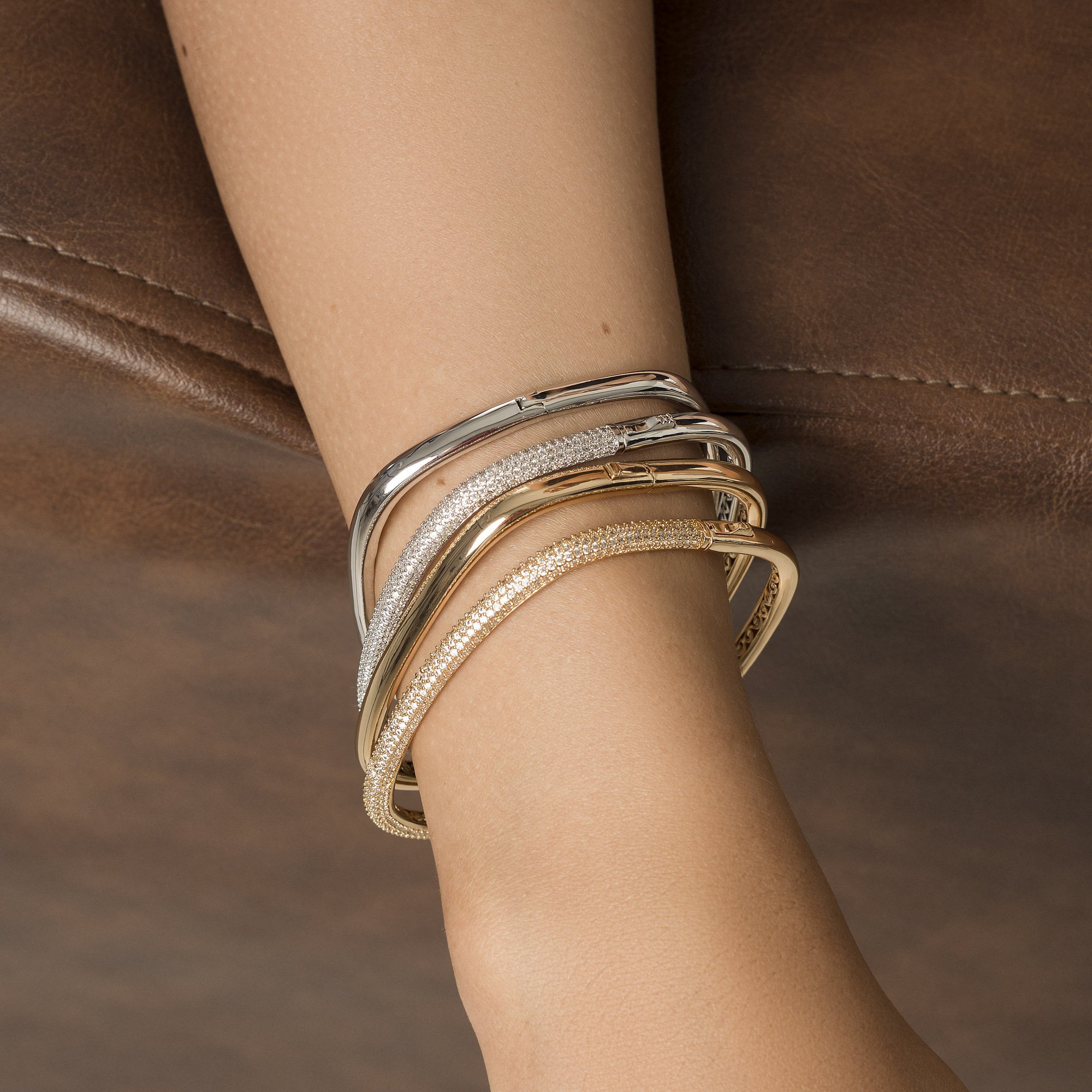 Bracelete Dual Retangular Cravejado Banho Rodio Branco