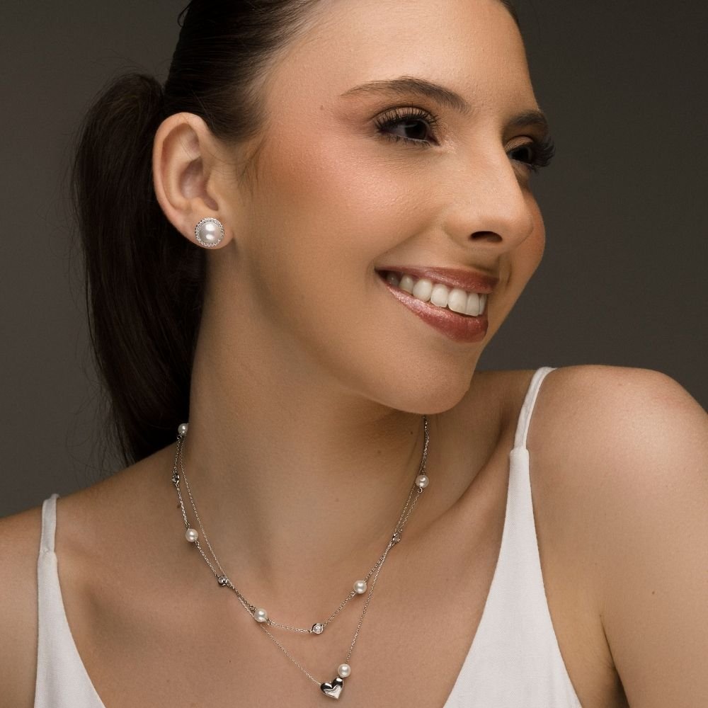Colar Vita Aurea Intercalado Perola Tiffany Banho Rodio Branco