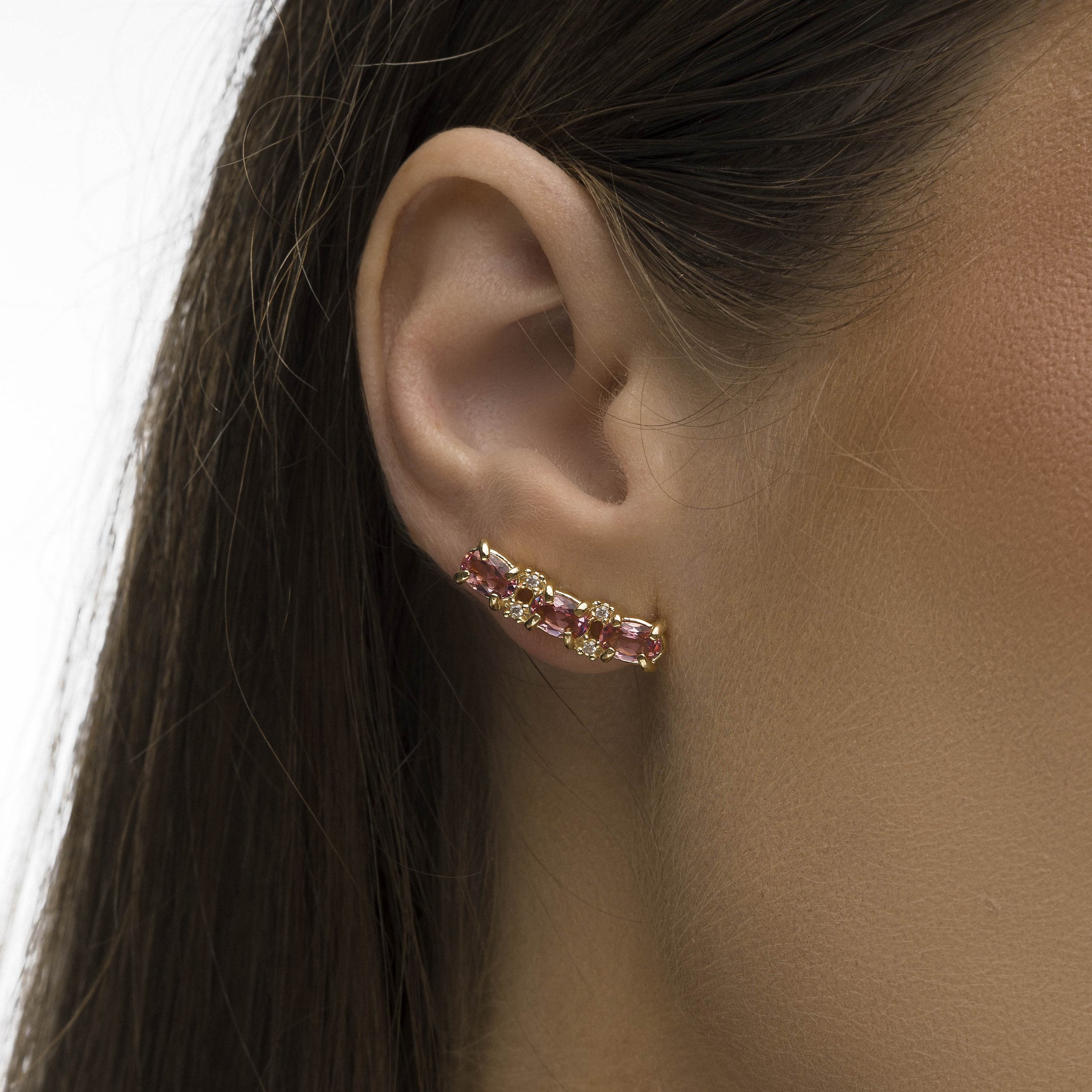 Brinco Mona Lisa Earcuff Safira Rosa Banho Ouro 18k