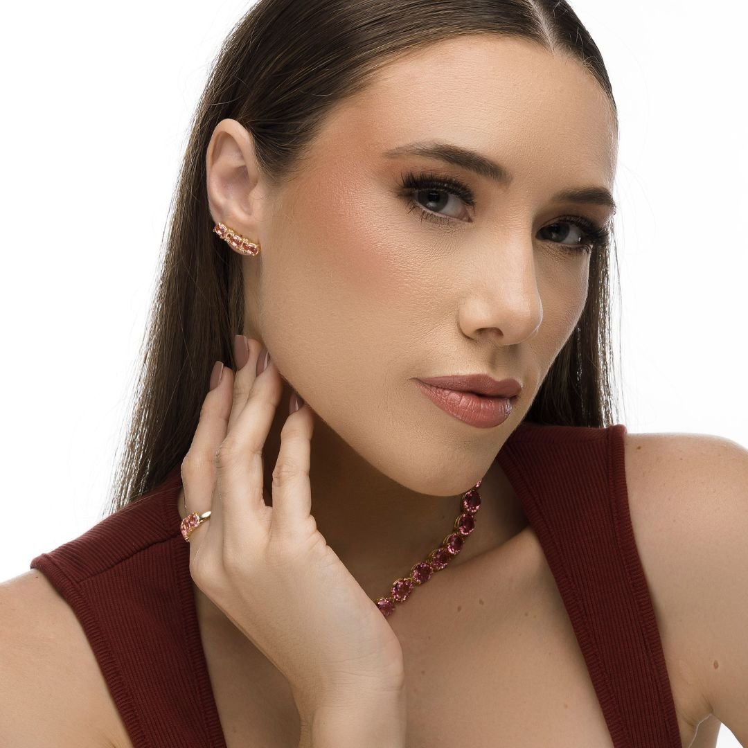 Brinco Mona Lisa Earcuff Safira Rosa Banho Ouro 18k