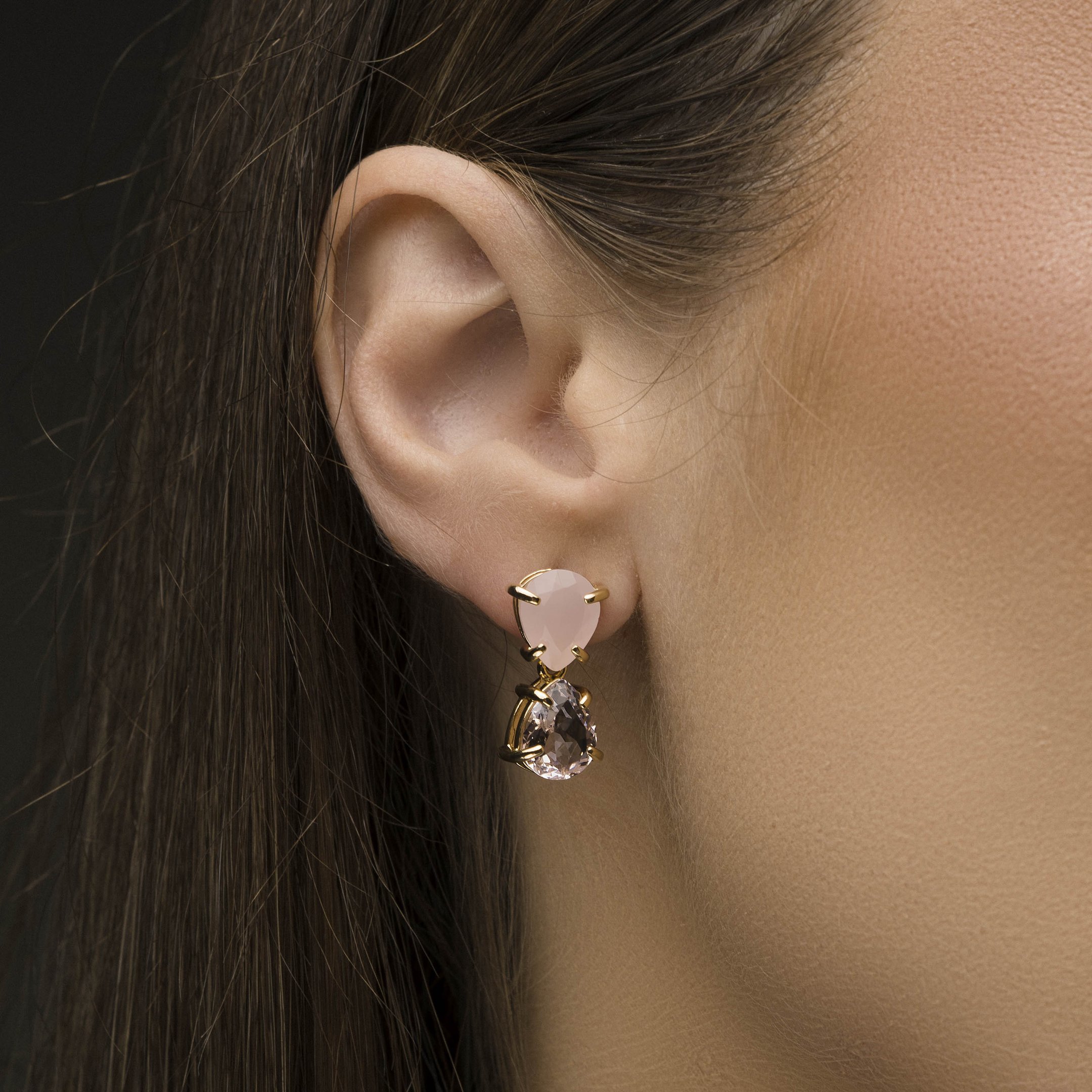 Brinco Mona Lisa Gotinha Quartzo Rosa/kunzita Banho Ouro 18k