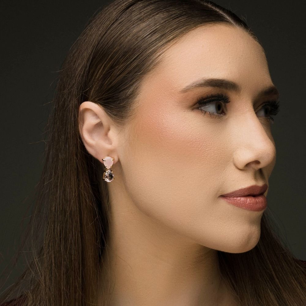 Brinco Mona Lisa Gotinha Quartzo Rosa/kunzita Banho Ouro 18k