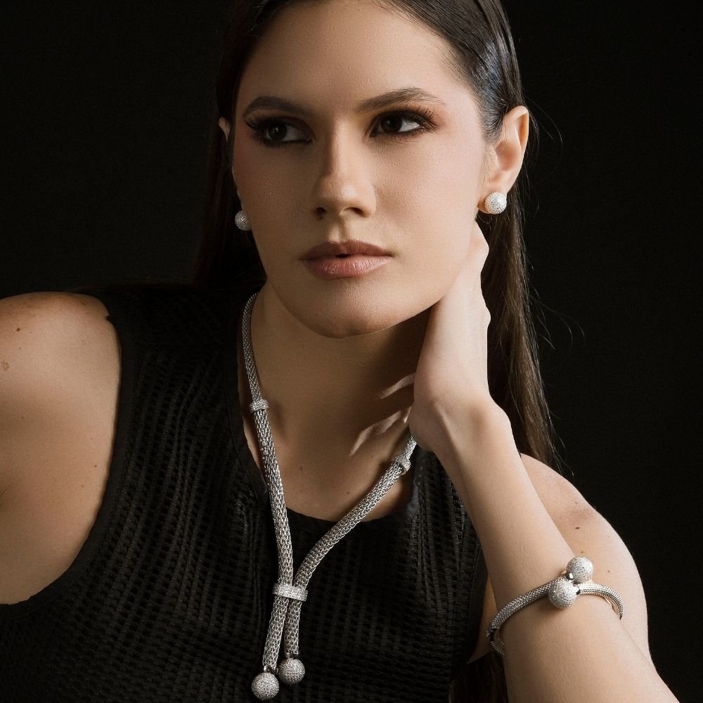 Bracelete Dual Orbit Microzirconias Banho Rodio Branco