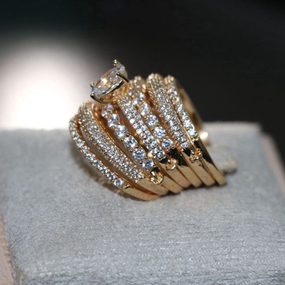 Anel Plume 7 Em 1 Sanfonado Cravejado Banho Ouro 18k