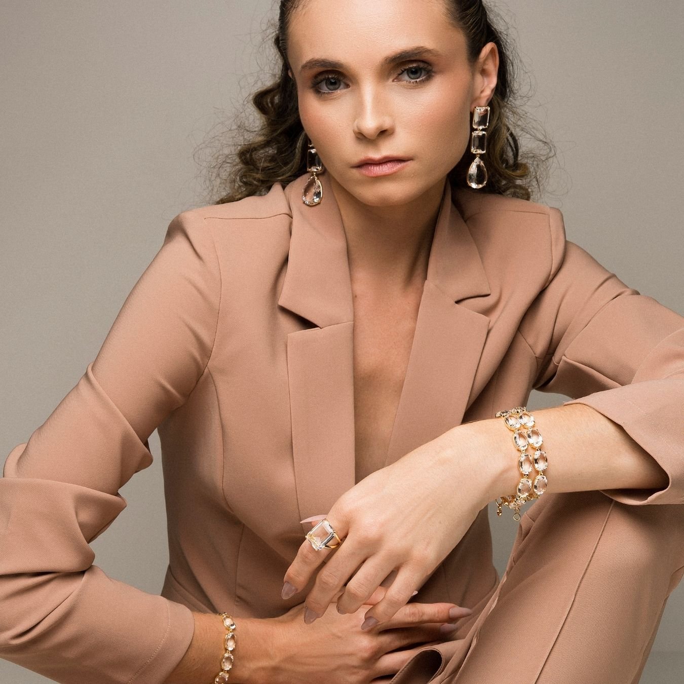 Brinco Mona Lisa Baguete E Gota Cristal Banho Ouro 18k