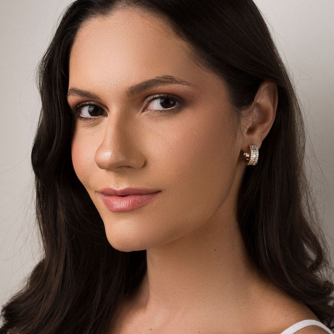 Brinco Plume Argola Zirconia Baguete Redonda Banho Ouro 18k