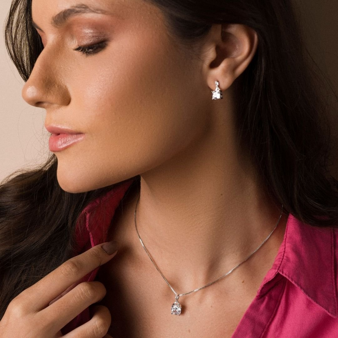 Conjunto Plume Ponto De Luz Em Zirconia Banho Rodio Branco