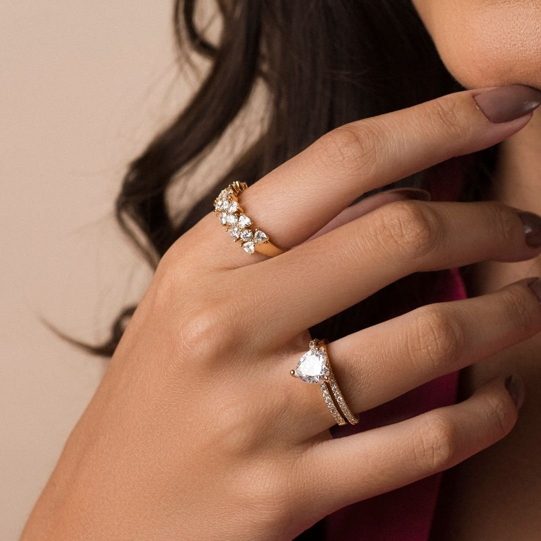 Anel Plume Zirconia Coracao E Redonda Banho Ouro 18k