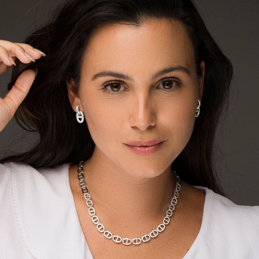 Brinco Classic Argola Com Elo Cravejado Banho Rodio Branco