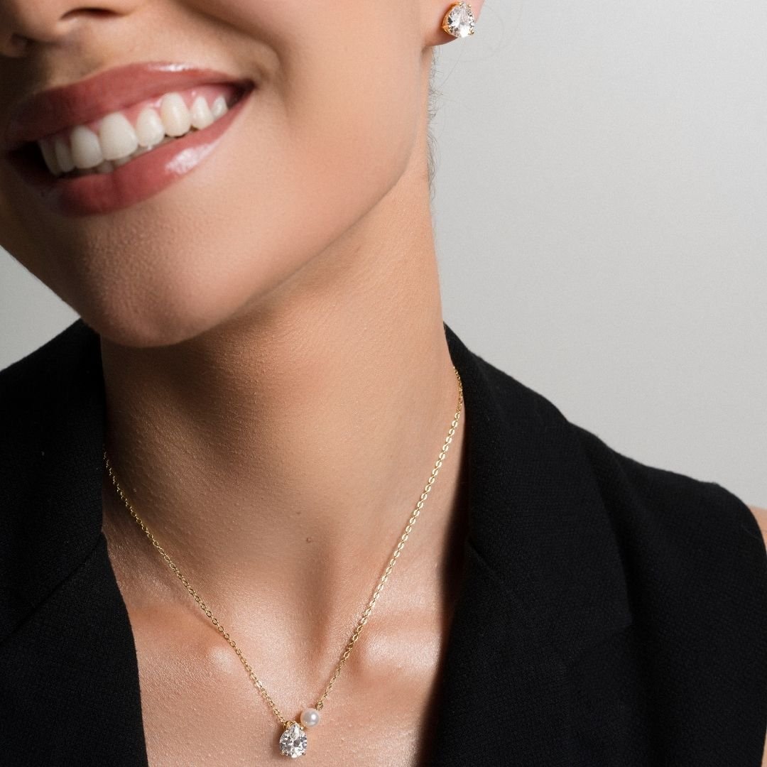 Conjunto Pilar Gota Zirconia Com Perola Banho Ouro 18k
