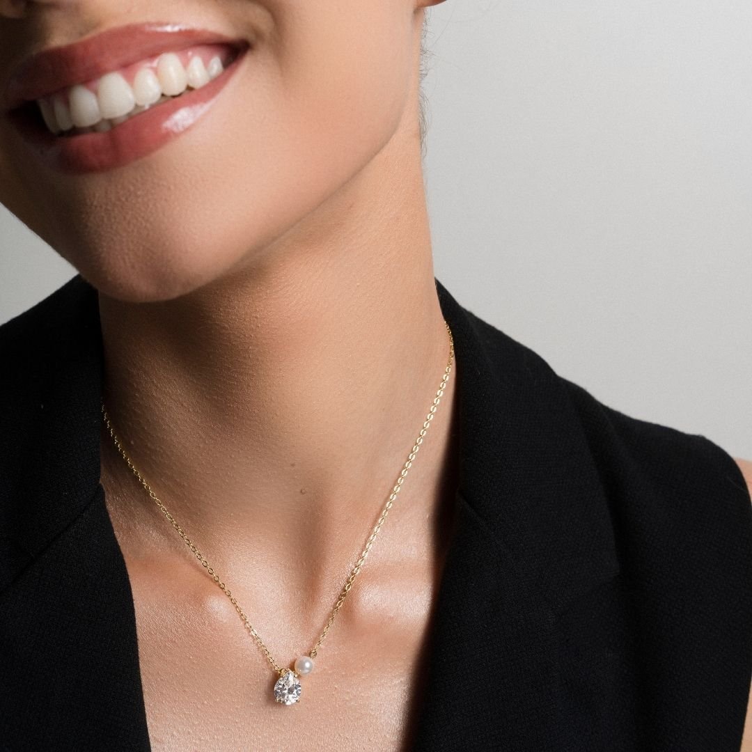 Conjunto Pilar Gota Zirconia Com Perola Banho Ouro 18k