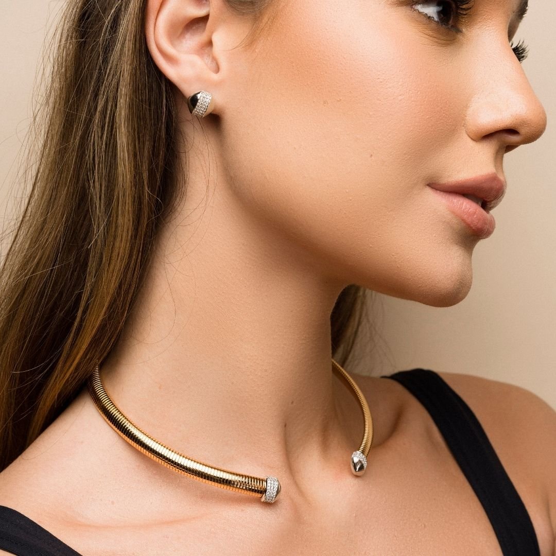 Conjunto Pilar Aro + Brinco Cravejado Banho Ouro 18k