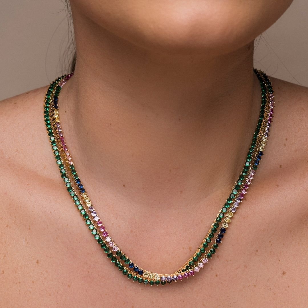 Colar Vanilla Riviera 3mm Zirconia Esmeralda Banho Ouro 18k
