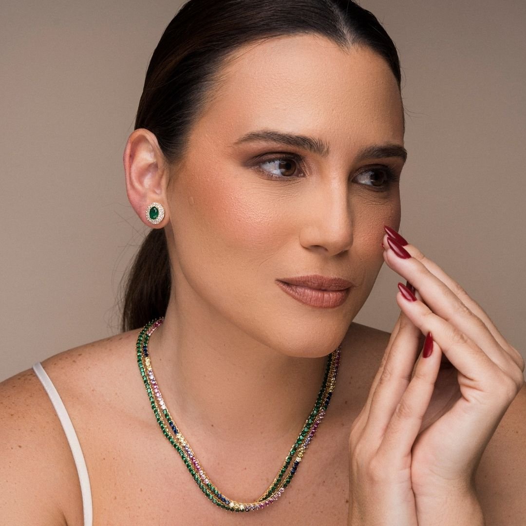 Colar Vanilla Riviera 3mm Zirconia Esmeralda Banho Ouro 18k