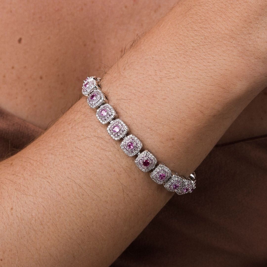 Pulseira Vanilla Carre Fucsia Banho Rodio Branco