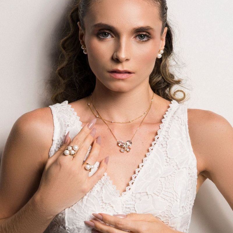 Anel Mona Lisa Perola Coreana Banho Ouro 18k