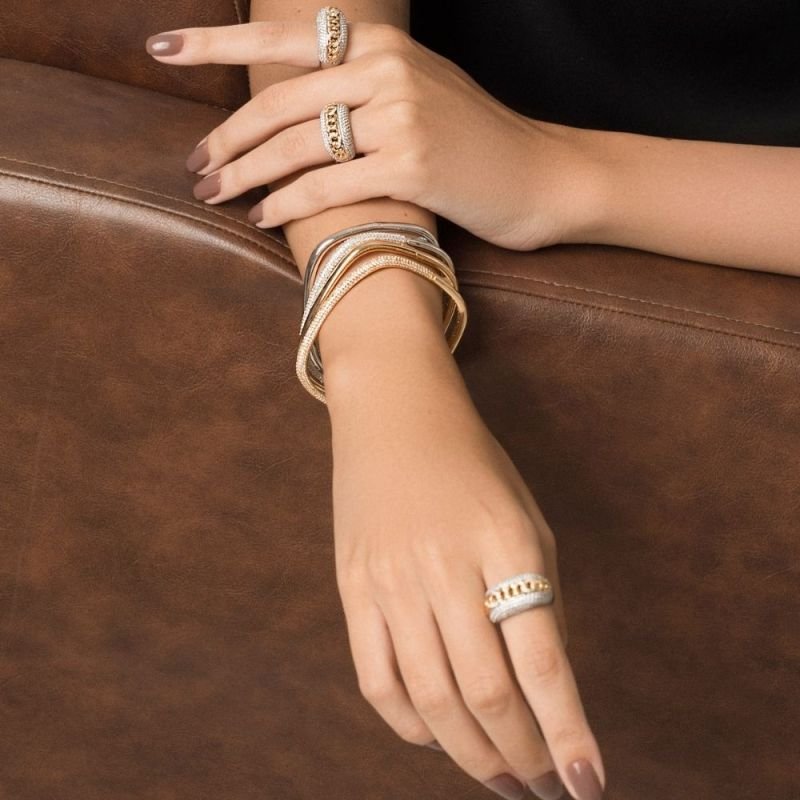 Bracelete Dual Retangular Cravejado Banho Rodio Branco