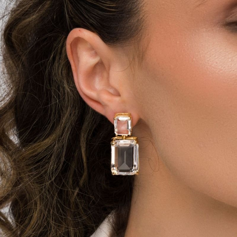 Brinco Mona Lisa Retangular Cristal Banho Ouro 18k