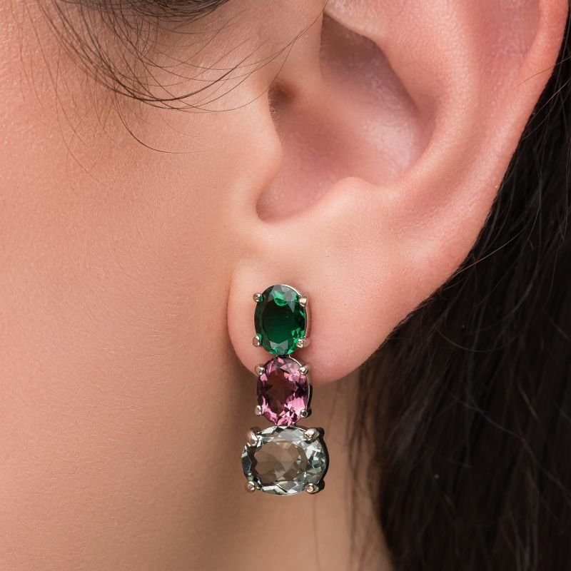 Brinco Together Amet Verde E Rosa/turm Verde Banho Diamante